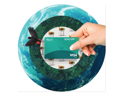 Bank card held by hand in the middle of three circles representing the earth, rainforest and grocery bags
