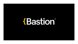 Bastion logo, black background, white and yellow text